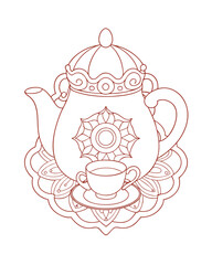 Artistic Tea Ceremony Setting with Elegant Teapots – Serene Adult Coloring Page on White Background