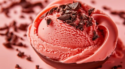 Strawberry Ice Cream: A close-up shot of a scoop of strawberry ice cream with chocolate shavings, enticing the taste buds.