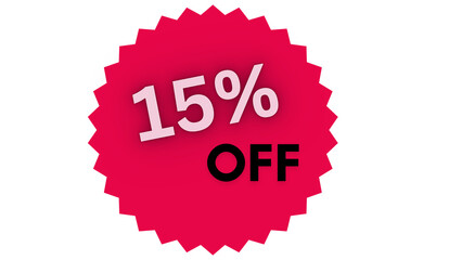 Red Discount Label Icon Sticker with Sale Offer and Price Promotion Symbol, 15% off discount