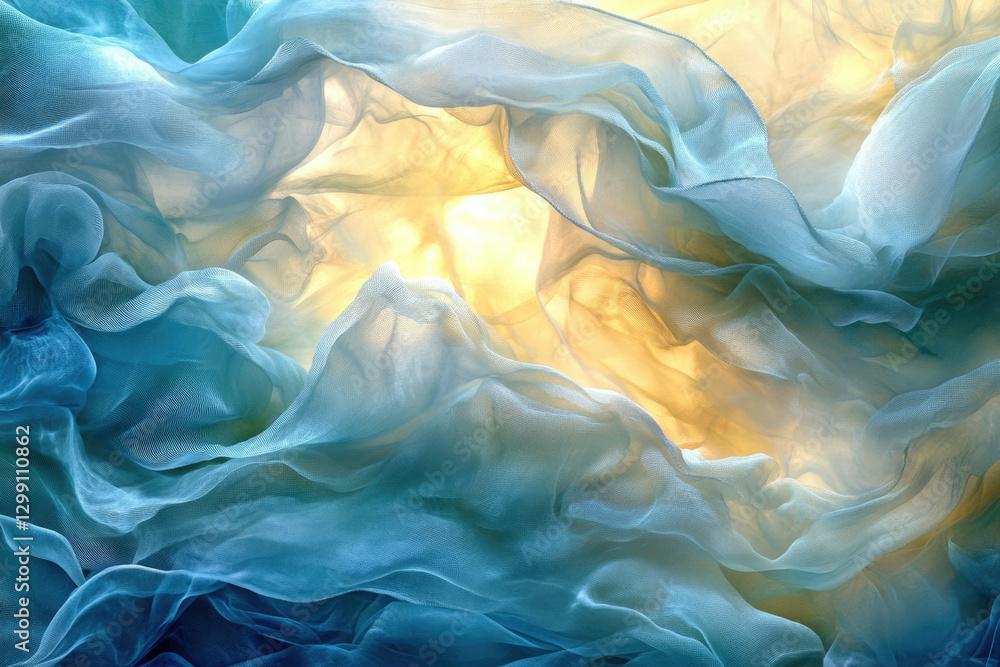 Poster abstract image of flowing, translucent fabric in shades of blue and gold, creating a dreamy, etherea