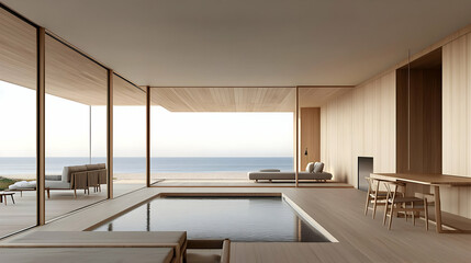 Fototapeta premium Modern Wooden Beach House Interior With Pool And Ocean View On A Sunny Day