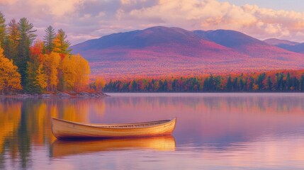 Rustic Wooden Boat Floating on Lake at Sunrise with Soft Hues