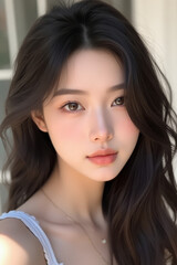 Naklejka premium Asian Beautiful Female taking a Selfie Photo - Profile Picture - Young Woman outside on Sunny Day in the City - Eastern Lady in Fashionable Clothing - Modelling for Camera Social Media