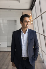 Satisfied with career. Successful smiling middle aged businessman startup enterprise owner corporate leader stand by window in his company office enjoy leadership feel motivated to overcome challenge