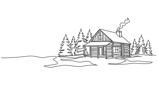 animated continuous single line drawing of a log cabin in the woods, line art animation