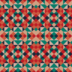 A vibrant, generative abstract background featuring colorful, seamless geometric patterns. The design showcases a vintage-inspired motif with bold shapes, symmetrical forms, and fluid lines, creating 
