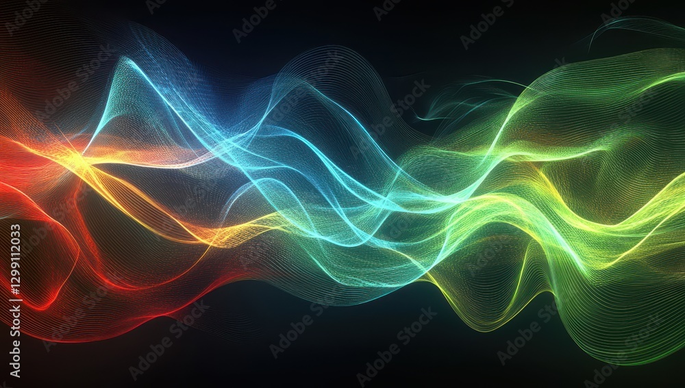 Poster vibrant abstract waves of colorful light flowing smoothly across a dark background in a digital art 