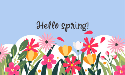 Background with spring meadow flowers in vector, flat style.