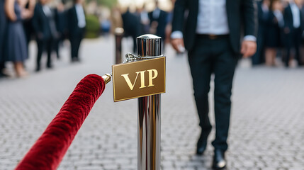 A man in a suit walking past a velvet rope and VIP sign suggests an exclusive event or venue, hinting at glamour and exclusivity.