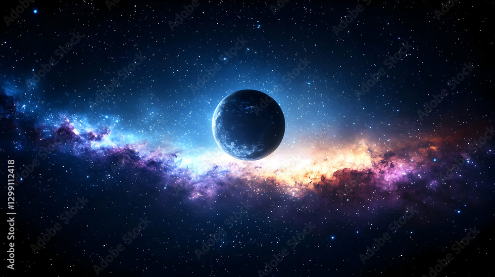 Poster cosmic view of a planet in a nebula with a vibrant milky way background