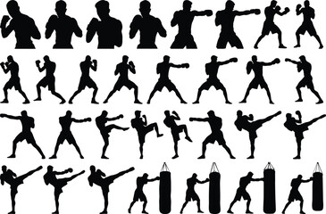 Boxing silhouette vectors. Set of boxer silhouettes vector illustrations isolated on transparent background