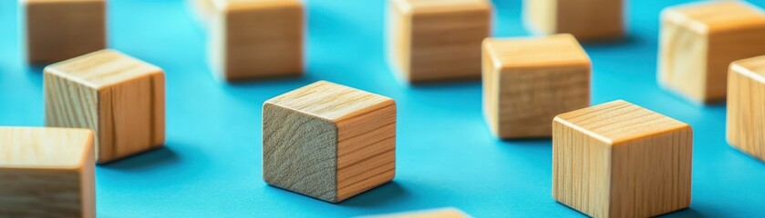 A colorful array of wooden blocks, each uniquely shaped and sized, is meticulously arranged in a straight line on a vibrant blue surface, creating a playful and inviting scene.
