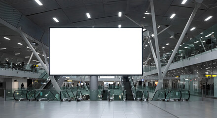 Large Blank Digital Billboard in Modern Airport Terminal with Bright Lighting