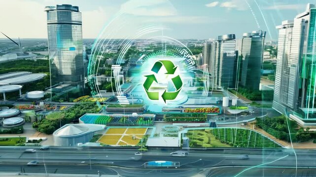 A futuristic city with wind turbines, recycling symbols, and green energy technology, promoting sustainability and eco-friendly innovations.

