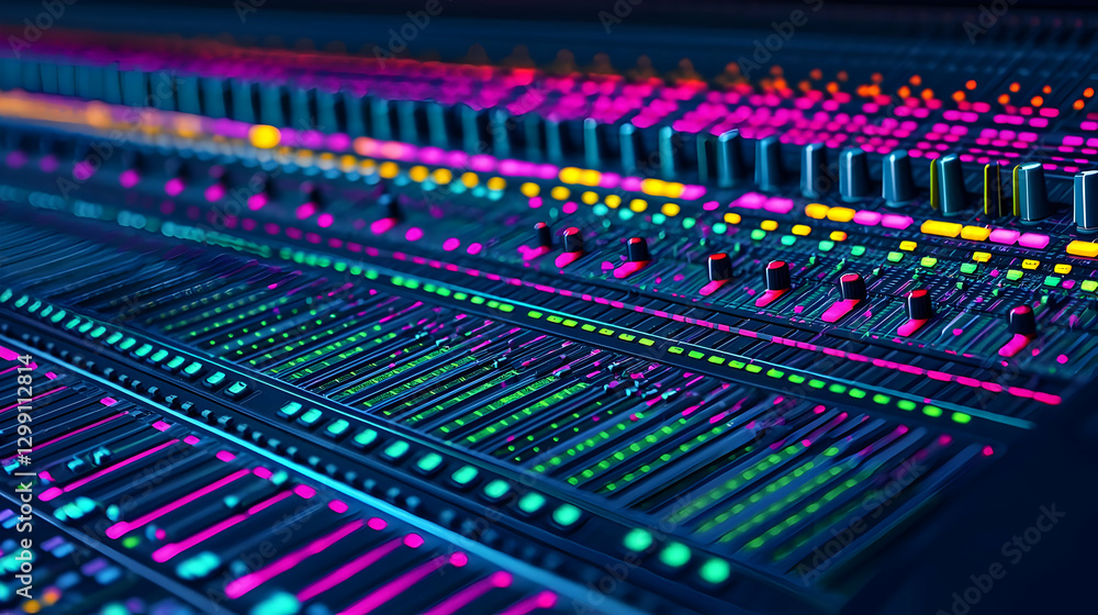 Poster detailed view of illuminated audio mixing console with vibrant colors and technical controls