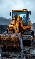 Heavy machinery operator works during overcast day at construction site