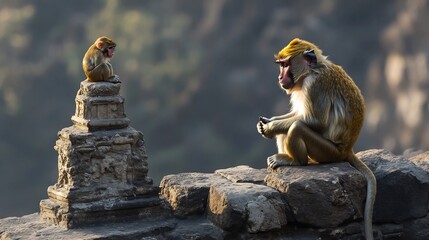 Obraz premium Rhesus Macaque sitting on an ancient temple ruin its intelligent eyes scanning the surroundings golden fur glowing under the warm afternoon sun