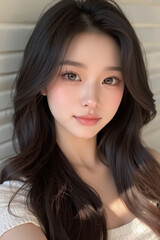 Naklejka premium Asian Beautiful Female taking a Selfie Photo - Profile Picture - Young Woman outside on Sunny Day in the City - Eastern Lady in Fashionable Clothing - Modelling for Camera Social Media