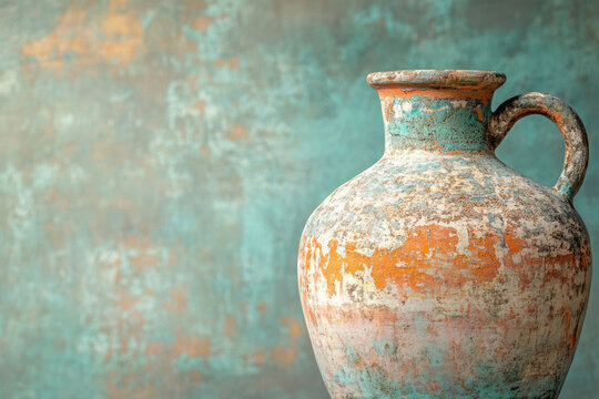 Aged terracotta amphora with a rustic, weathered texture, evoking antiquity and history.