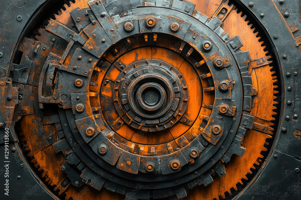 Aufkleber Intricate rusty gears and cogs form a mesmerizing circular pattern, showcasing industrial machinery's complex beauty.