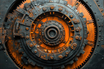 Fototapeta premium Intricate rusty gears and cogs form a mesmerizing circular pattern, showcasing industrial machinery's complex beauty.