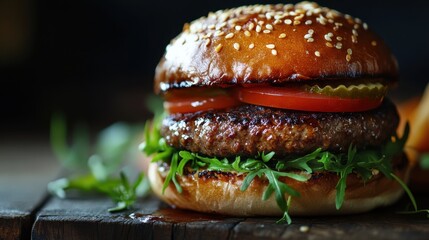 A delicious hamburger sits on a rustic wooden table, featuring a juicy beef patty, crisp lettuce, and fresh, ripe tomato slices, all nestled between a toasted sesame seed bun.
