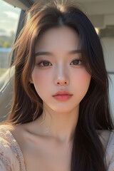 Naklejka premium Asian Beautiful Female taking a Selfie Photo - Profile Picture - Young Woman outside on Sunny Day in the City - Eastern Lady in Fashionable Clothing - Modelling for Camera Social Media