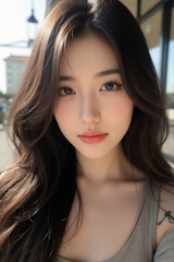 Naklejka premium Asian Beautiful Female taking a Selfie Photo - Profile Picture - Young Woman outside on Sunny Day in the City - Eastern Lady in Fashionable Clothing - Modelling for Camera Social Media