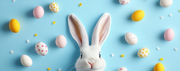 A fluffy white rabbit sits gracefully, showcasing its soft fur. Its adorable pink nose twitches curiously, while its long ears perk up, attentive to its surroundings.
