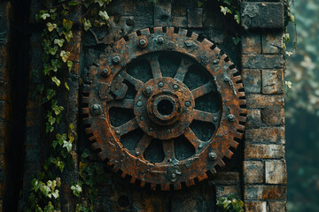 Fototapeta premium Rusty cogwheel embedded in an old brick wall, overgrown with ivy, suggesting age and decay.