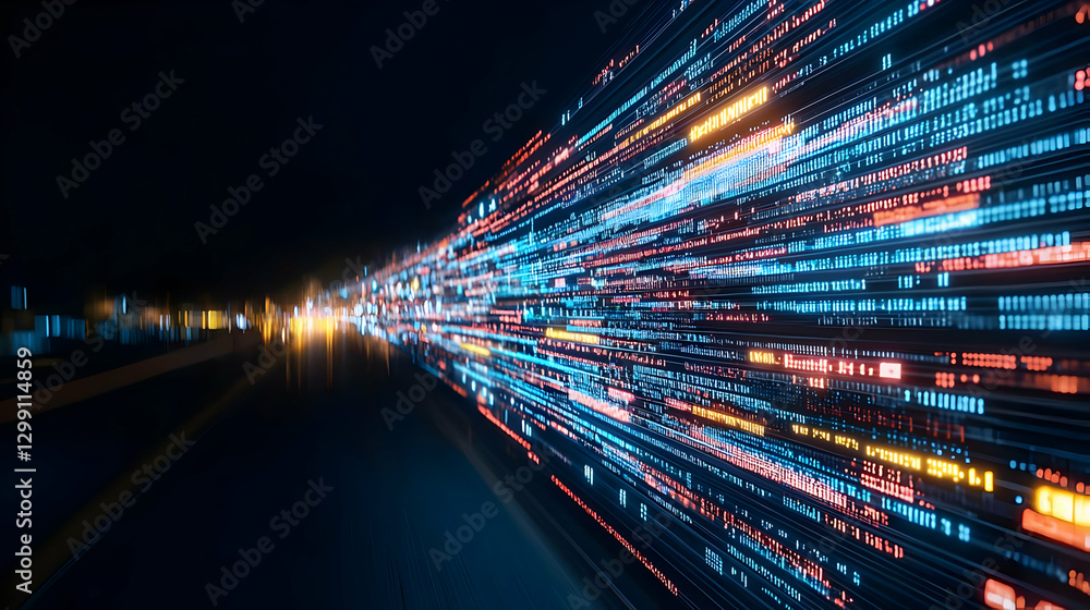 Poster abstract digital data stream of blue and orange lights on a dark background showing technology commu