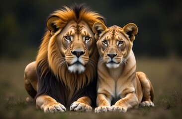 Obraz premium Majestic lion and lioness resting on grass in natural habitat