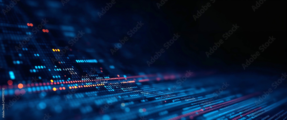Poster big data stream flowing in cyberspace with orange and blue lights