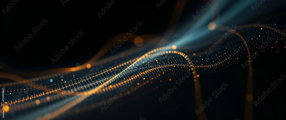 Poster abstract golden particles flowing on dark background