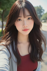 Fototapeta premium Asian Beautiful Female taking a Selfie Photo - Profile Picture - Young Woman outside on Sunny Day in the City - Eastern Lady in Fashionable Clothing - Modelling for Camera Social Media