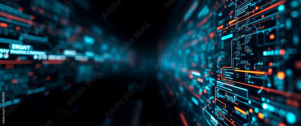 Fototapete futuristic technological background showing complex data processing with blue and orange lights