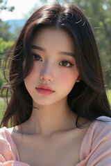 Naklejka premium Asian Beautiful Female taking a Selfie Photo - Profile Picture - Young Woman outside on Sunny Day in the City - Eastern Lady in Fashionable Clothing - Modelling for Camera Social Media