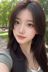 Fototapeta premium Asian Beautiful Female taking a Selfie Photo - Profile Picture - Young Woman outside on Sunny Day in the City - Eastern Lady in Fashionable Clothing - Modelling for Camera Social Media