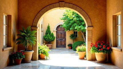 Fototapeta premium Sunlit Courtyard Archway with Lush Greenery and Terracotta Pots