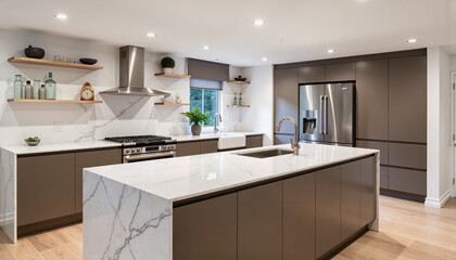 Fototapeta premium Modern kitchen with marble countertops and stylish cabinets