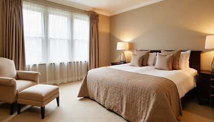 Fototapeta premium Cozy bedroom with soft lighting and elegant furniture