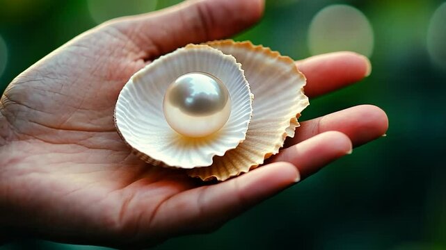Pearl in Shell Held in Hand