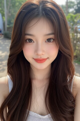 Fototapeta premium Asian Beautiful Female taking a Selfie Photo - Profile Picture - Young Woman outside on Sunny Day in the City - Eastern Lady in Fashionable Clothing - Modelling for Camera Social Media