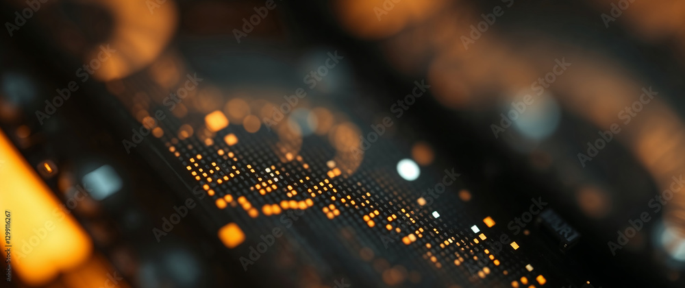 Poster futuristic orange glowing electronic circuit board showing data flow