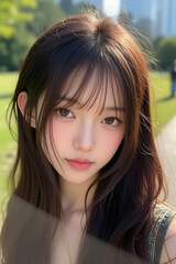 Obraz premium Asian Beautiful Female taking a Selfie Photo - Profile Picture - Young Woman outside on Sunny Day in the City - Eastern Lady in Fashionable Clothing - Modelling for Camera Social Media