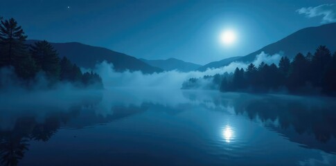 Fototapeta premium Cloudy veil shrouds tranquil lake scene at night, mist, serene lake, moonlight