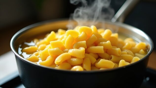 Boiled maccheroni in a large pot of boiling water with steam rising, cookware, steamer, boiling water