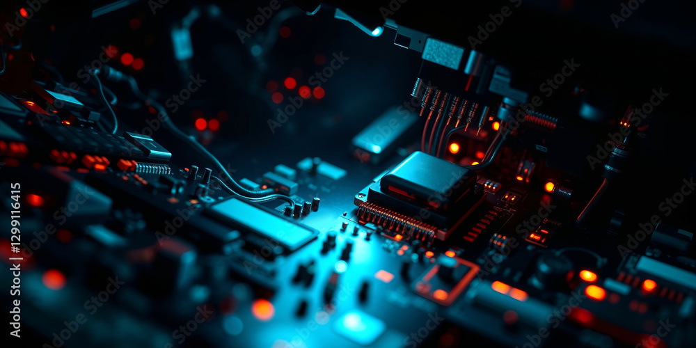 Poster futuristic circuit board pulsating with red and blue lights