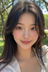 Obraz premium Asian Beautiful Female taking a Selfie Photo - Profile Picture - Young Woman outside on Sunny Day in the City - Eastern Lady in Fashionable Clothing - Modelling for Camera Social Media