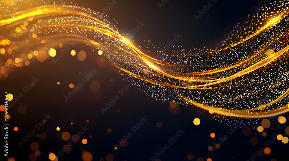 Poster golden glittering wave on dark background with bokeh effect and sparkling lights